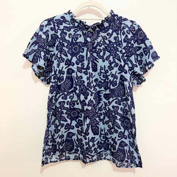 Banjanan Blue Bird Floral Cotton Blouse Small Boho Flutter Sleeve
